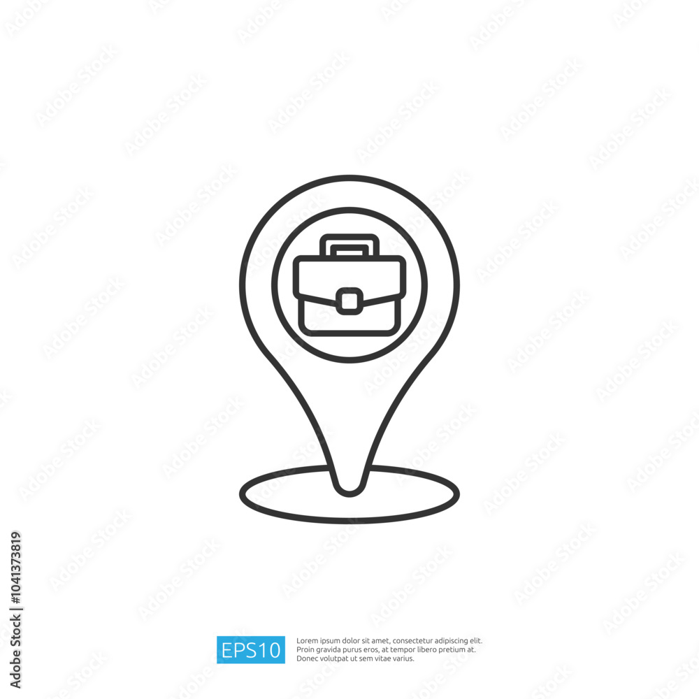 Poster a simple line drawing of a location pin with a briefcase symbol inside, representing business or pro