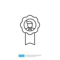 The image features a simple line drawing of a badge or ribbon with a silhouette of a person inside, symbolizing achievement or recognition.