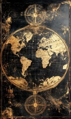 Vintage gold map of the world on black background.