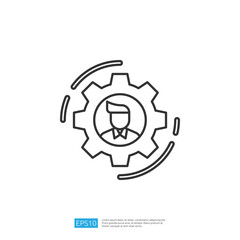 A line art illustration of a gear with a person icon inside, symbolizing the integration of human resources in technology or business processes.