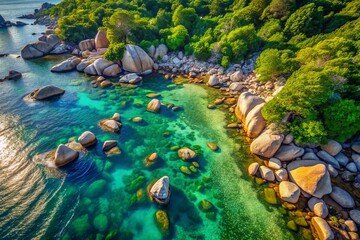 Obraz premium Aerial View of Stunning Galets Stones and Natural Landscapes with Textured Rocks, Serene Waters, and Vibrant Greenery Capturing Nature's Beauty in High-Resolution Photography