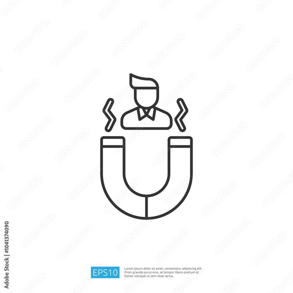 Poster a simple line drawing of a magnet attracting a person, symbolizing the concept of attraction or infl