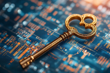 Golden key on financial chart background symbolizing business success and investment opportunities. Suitable for financial and investment concepts.
