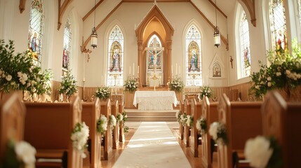 Fototapeta premium Elegant Chapel Interior with Stained Glass Windows