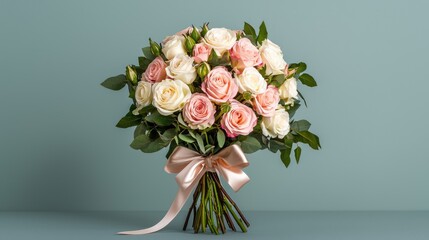 Obraz premium A beautiful bouquet of pink and white roses arranged with greenery and tied with a satin ribbon, set against a soft blue background.