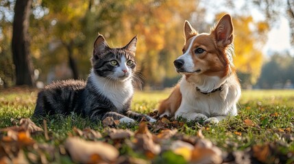 Young cat and dog together outdoors, friendship concept