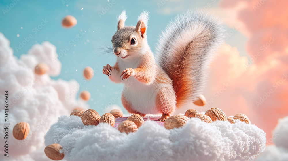 Poster a squirrel bouncing on a trampoline made of floating nuts, with pastel-colored clouds in the backgro