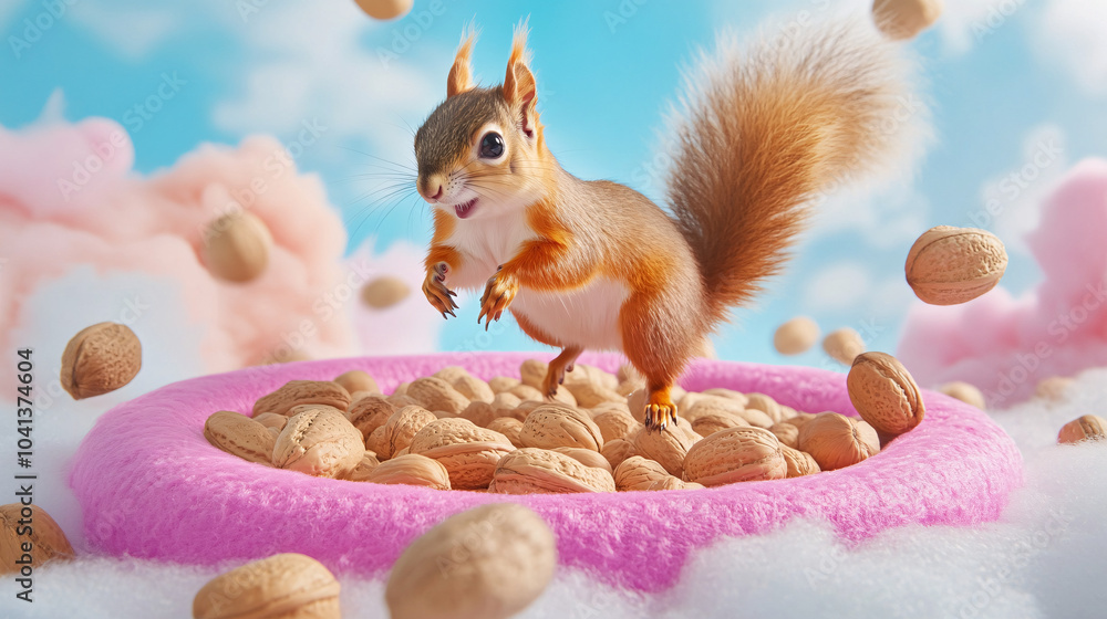 Poster a squirrel bouncing on a trampoline made of floating nuts, with pastel-colored clouds in the backgro