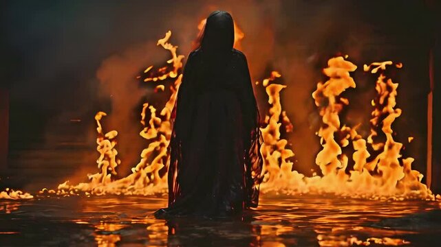 Video recreation of a figure with tunic and black hood resurging of the water surrounded by fire