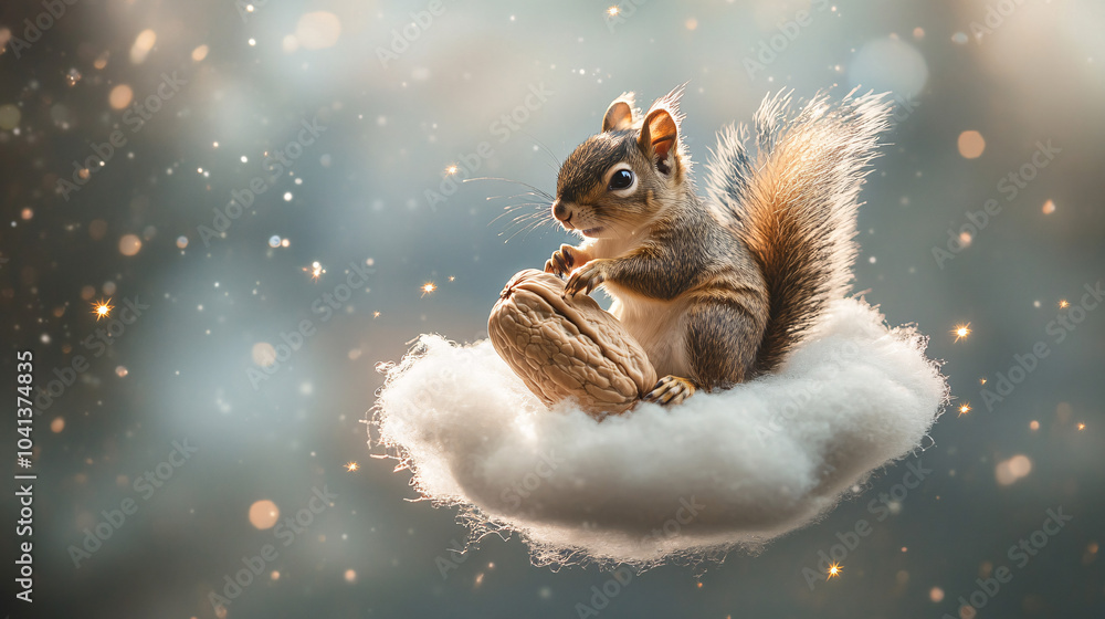 Poster a squirrel parachuting down from a cloud on a floating walnut, with sparkling stars in the backgroun
