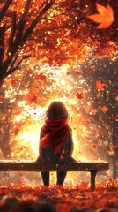 Fototapeta premium A calm anime girl with a scarf sitting on a bench in an autumn park, vibrant orange and red leaves falling gently from the trees, her hair and the leaves softly moving with the wind,