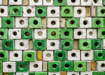 Fototapeta premium Aged Green and White Bricks with Rectangular Holes for Construction, Architectural Photography, Building Materials 