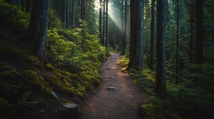 Obraz premium Serene Forest Pathway Under Soft Sunlight