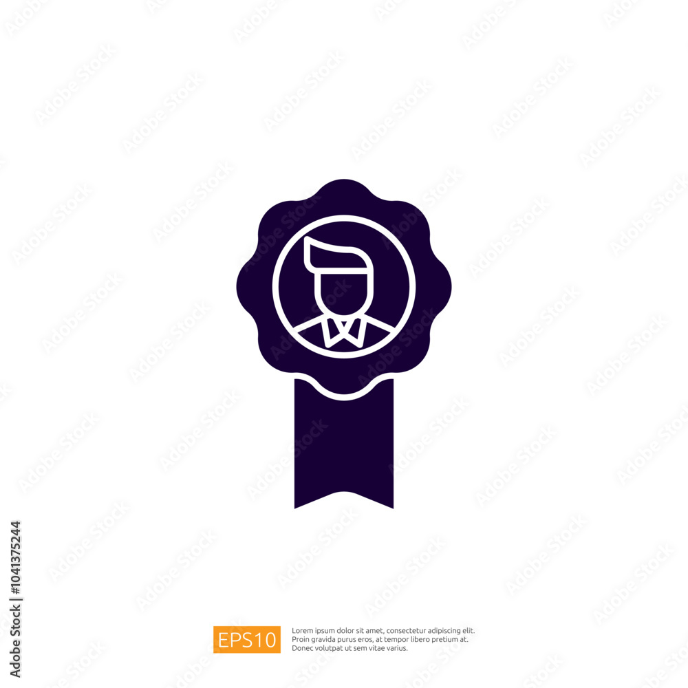 Poster this image features a stylized badge or ribbon with a silhouette of a person, representing achieveme