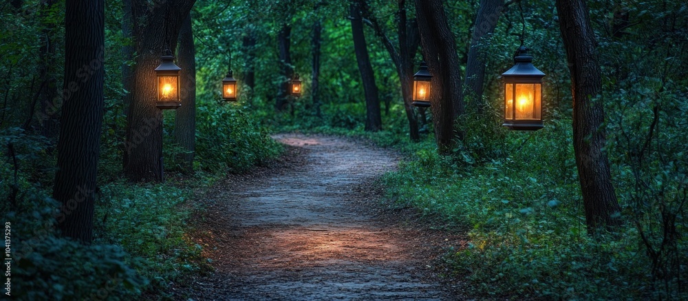 Poster winding path through a dark forest illuminated by hanging lanterns.