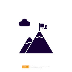 A simple graphic illustration of mountains with a flag on one peak and a cloud above, representing achievement or adventure.