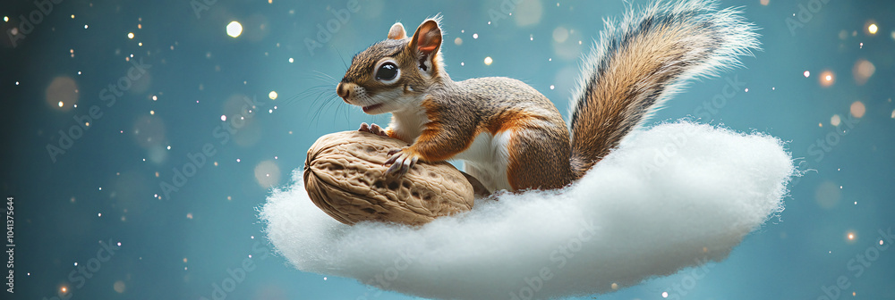 Poster a squirrel parachuting down from a cloud on a floating walnut, with sparkling stars in the backgroun