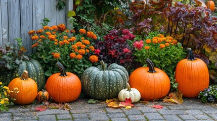 Vibrant Autumn Garden with Pumpkins