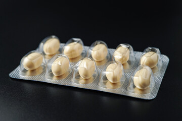 Oil filled blister pack white softgel capsules of food supplements, fish oil, omega 3, vitamin DHA