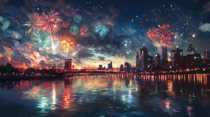 Obraz premium A realistic, detailed image of fireworks lighting up the night sky in brilliant reds, greens, and blues, reflecting on a city river.