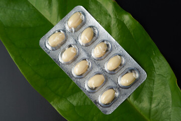 Oil filled blister pack white softgel capsules of food supplements, fish oil, omega 3, vitamin DHA