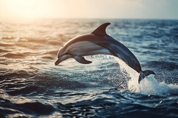 Fototapeta premium Playful Dolphin Leaping from Vibrant Ocean Waves at Sunset