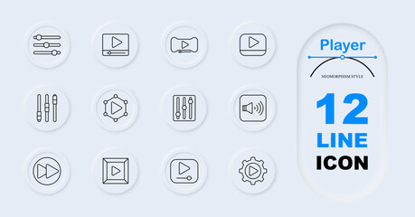 Player set icon. Sliders, video screen, controller with play button, speaker, play icon, sound adjustment, fast forward, video network, volume