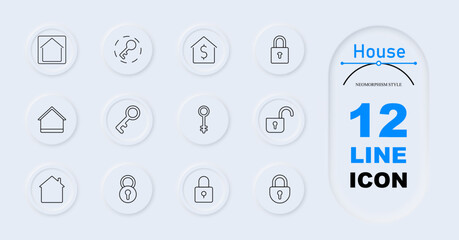 House set icon. House, keyhole, key, padlock, house with dollar sign, unlocked lock, security key, home icon.