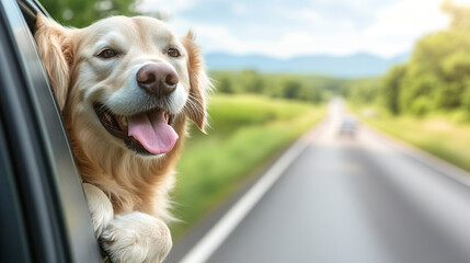 A happy dog poked his head out of the open window of a car on the highway