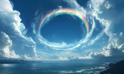 An ethereal circular rainbow forms in the clouds above a calm ocean and distant city skyline.
