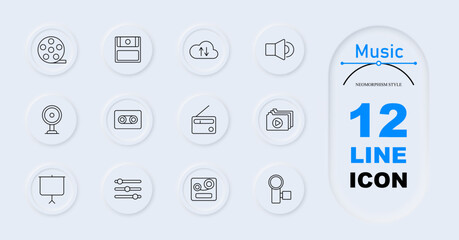 Music set icon. Film reel, hard drive, cloud sync, speaker, camera, radio, cassette, folder with video, control sliders, tape recorder.