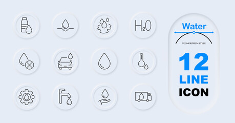 Water set icon. Bottle with drop, drop in wave, blocked, car, H2O symbol, large, thermometer, faucet, hand with drop, water truck.