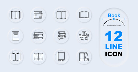 Book set icon. Open book, stacked books, single book, books in hand, closed book, reading, knowledge, literature, study, learning.