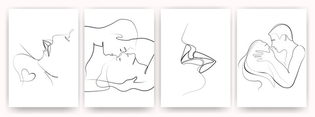 Kissing passion and love concept posters covers set. One line drawing Man and Woman kissing line art. Lips touching, romantic relationship cards. Love and relationships concept illustration. Vector