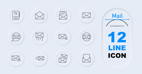 Mail set icon. Leaf with letter, envelope, open letter, notification letter, letter with speech bubble, outgoing mail, message sent, inbox, mail system