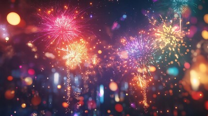 Obraz premium A realistic, highly detailed burst of colorful fireworks lighting up the night sky over a cityscape, with vibrant sparks and trails.