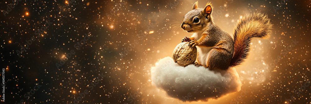 Poster a squirrel parachuting down from a cloud on a floating walnut, with sparkling stars in the backgroun