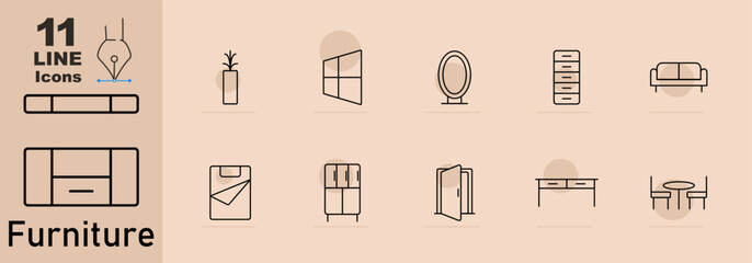 Furniture set icon. Vase, window, wardrobe, mirror, chest of drawers, sofa, bed, cupboard, open door, writing desk, table with chairs.