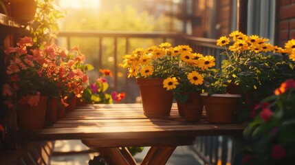 Cozy Balcony Setting with Wooden Table and Flowers