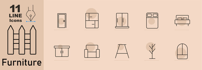 Furniture set icon. Door, cabinet, wardrobe, bed, armchair, table, stool, coat rack, mirror, chair.