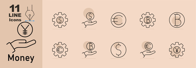 Money set icon. Hand with yen, dollar gear, hand with dollar, euro symbol, bitcoin symbol, euro gear, hand with bitcoin, dollar symbol, hand with euro, yen gear