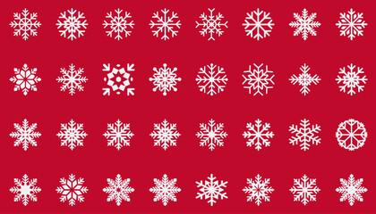 Set of White Snowflakes Isolated on Red Background. 