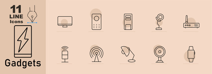 Gadgets set icon. Desktop, remote control, tower computer, webcam, router, wireless speaker, Wi-Fi, desk lamp, security camera, smartwatch