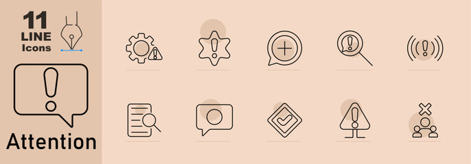 Attention set icon. Gear with warning, badge with exclamation, speech with plus, magnifying glass with alert, sound alert, checklist with alert, speech bubble, approved checkmark, triangle alert