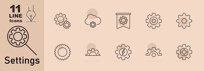 Settings set icon. Gear magnifier, large and small gear, cloud, banner, isolated gear, power gear, half, cog, lightning, mechanical.