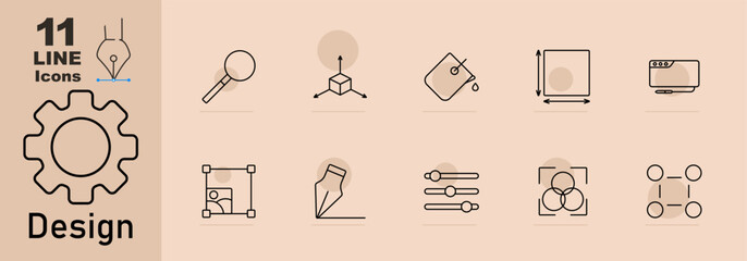 Design set icon. Tools related to design: magnifier, 3D cube, paint dropper, image crop, sliders, and color adjustment