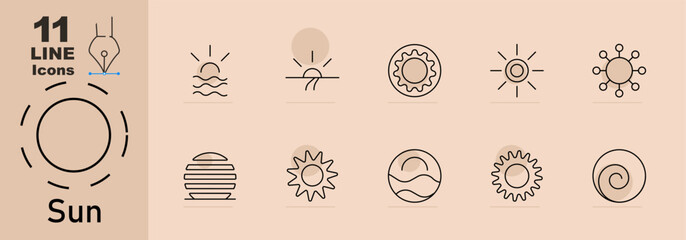 Sun set icon. Icons representing the sun in different contexts: sunrise, sunset, waves, rays, spiral, and abstract designs