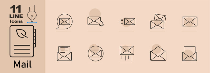 Mail set icon. Envelopes in various styles: notification, sending, receiving, opened, closed, and in speech bubbles