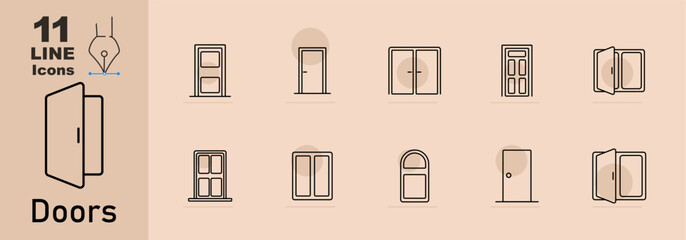 Doors set icon. Collection of door styles including front doors, sliding doors, windowed, arched, and open doors.
