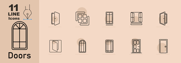 Doors set icon. Various door designs: open, closed, sliding, arched, and panel doors.